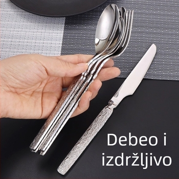 Set pribora od 304 nehrđajućeg čelika s udubljenom završnom obradom – nož, vilica i žlice, ogledno polirano, ručna izrada za odrasle