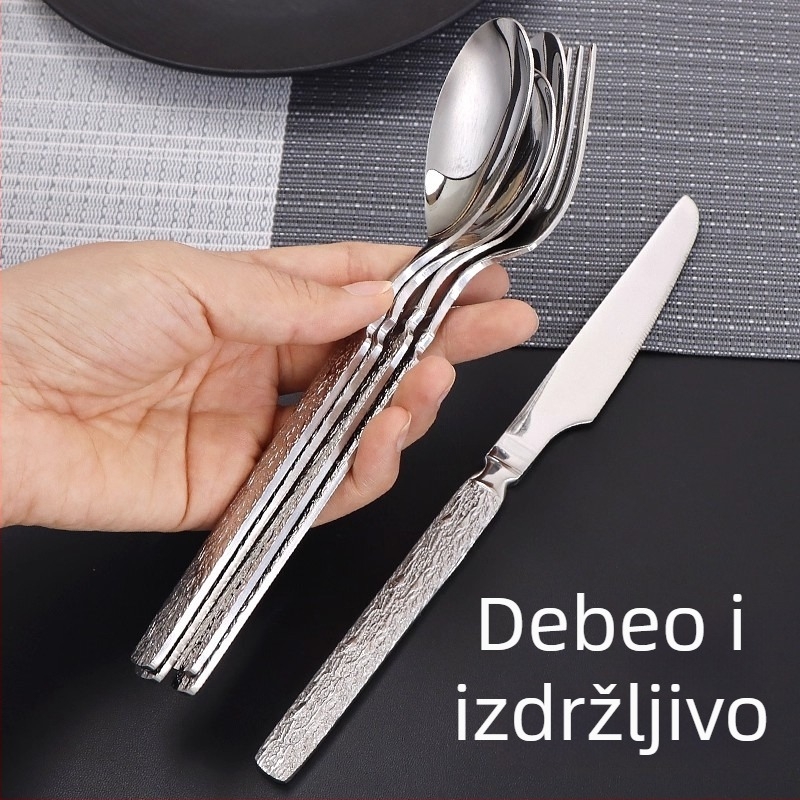Set pribora od 304 nehrđajućeg čelika s udubljenom završnom obradom – nož, vilica i žlice, ogledno polirano, ručna izrada za odrasle