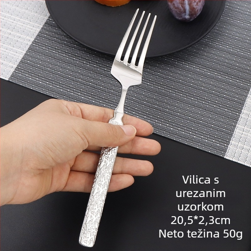 Set pribora od 304 nehrđajućeg čelika s udubljenom završnom obradom – nož, vilica i žlice, ogledno polirano, ručna izrada za odrasle