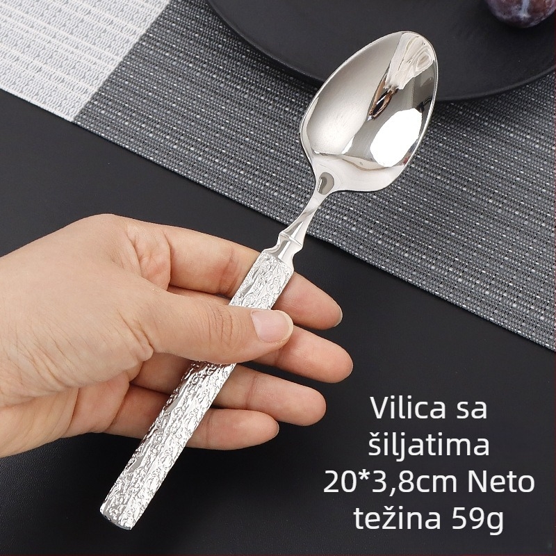 Set pribora od 304 nehrđajućeg čelika s udubljenom završnom obradom – nož, vilica i žlice, ogledno polirano, ručna izrada za odrasle