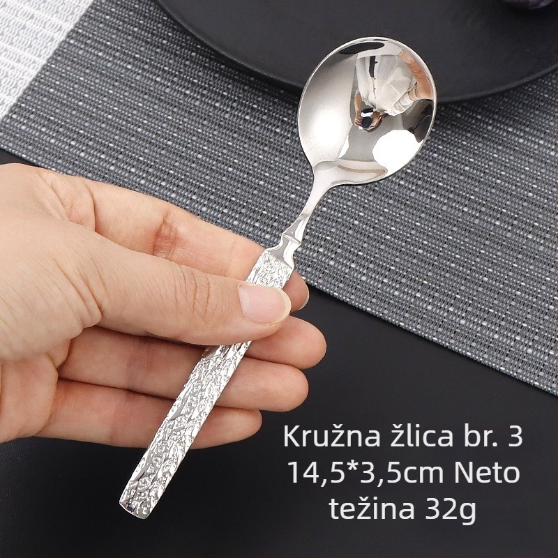 Set pribora od 304 nehrđajućeg čelika s udubljenom završnom obradom – nož, vilica i žlice, ogledno polirano, ručna izrada za odrasle