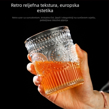 Čaša za vodu s reljefom suncokreta, ručno izrezbarena staklena cilindrična čaša s drškom