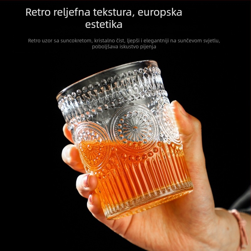 Čaša za vodu s reljefom suncokreta, ručno izrezbarena staklena cilindrična čaša s drškom