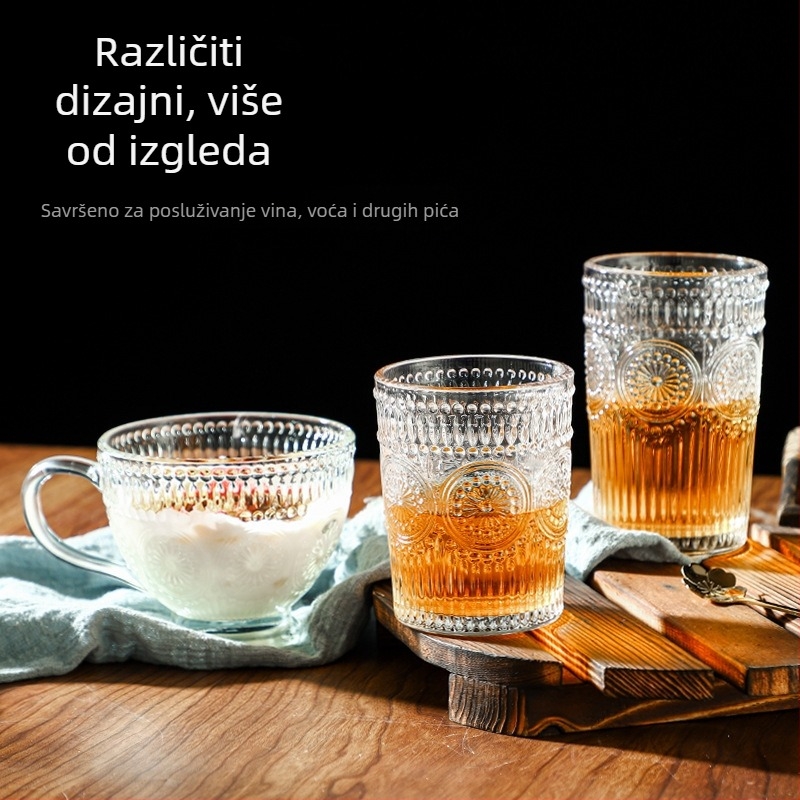 Čaša za vodu s reljefom suncokreta, ručno izrezbarena staklena cilindrična čaša s drškom