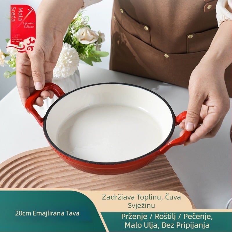 Tiganj od lijevanog željeza za prženje, s dvije ručke, bez premaza, s jednim dnom, kompatibilan s indukcijskim i plinskim štednjacima