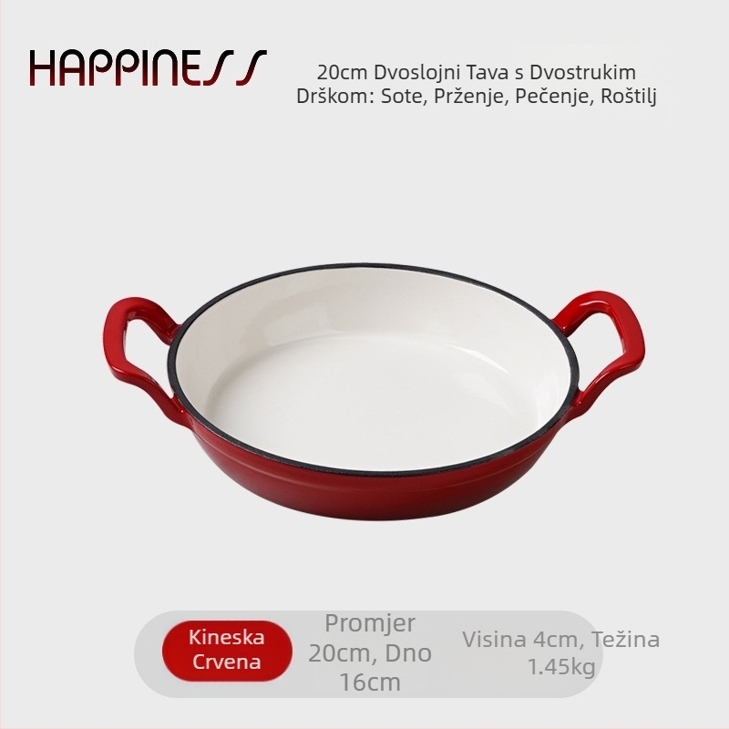 Tiganj od lijevanog željeza za prženje, s dvije ručke, bez premaza, s jednim dnom, kompatibilan s indukcijskim i plinskim štednjacima