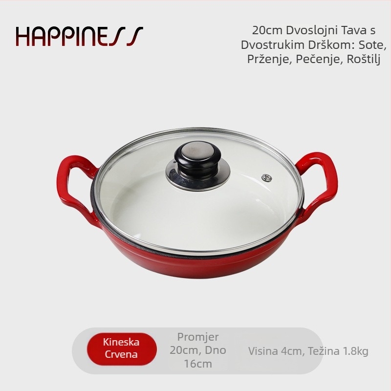 Tiganj od lijevanog željeza za prženje, s dvije ručke, bez premaza, s jednim dnom, kompatibilan s indukcijskim i plinskim štednjacima