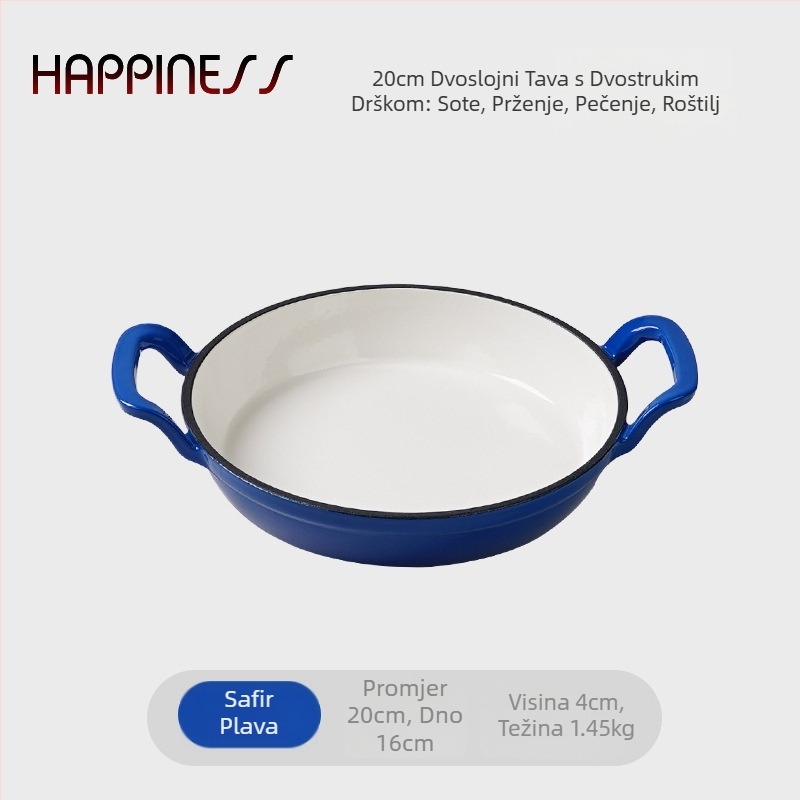 Tiganj od lijevanog željeza za prženje, s dvije ručke, bez premaza, s jednim dnom, kompatibilan s indukcijskim i plinskim štednjacima