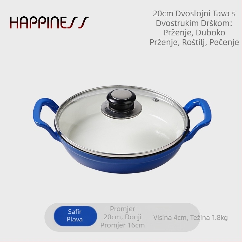 Tiganj od lijevanog željeza za prženje, s dvije ručke, bez premaza, s jednim dnom, kompatibilan s indukcijskim i plinskim štednjacima