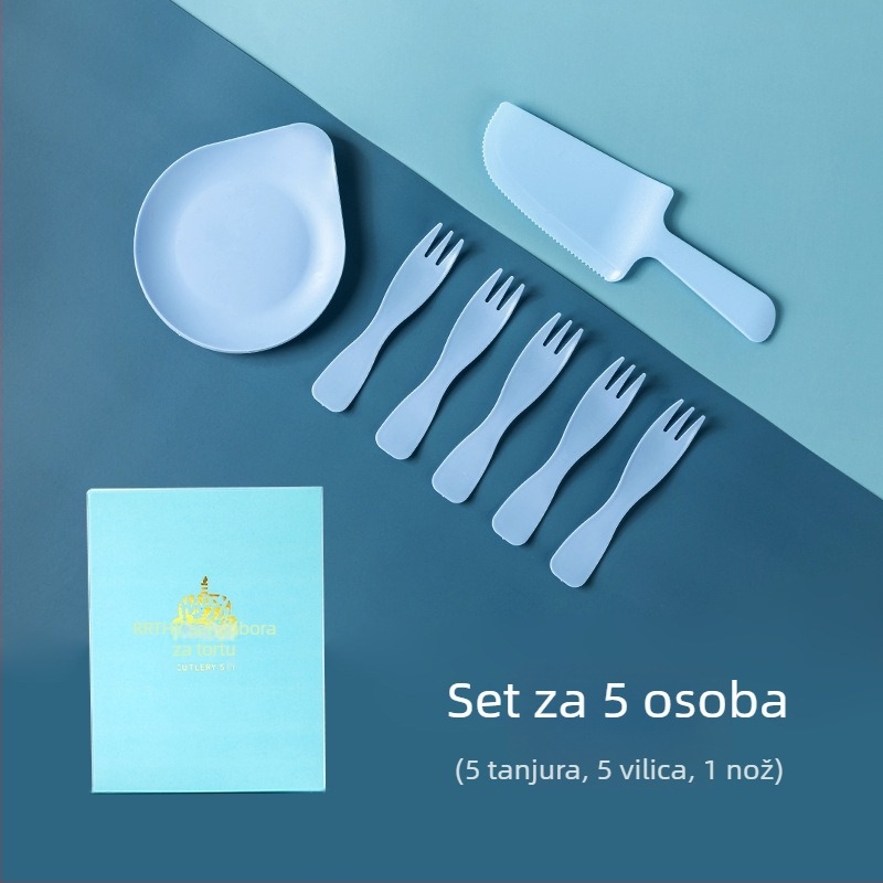 Jednokratni set stolnog posuđa za rođendansku tortu — plastični nož, vilica i tanjur s pladnjem za kapljice; veleprodajna pakiranja 320 kutija; rok trajanja 3 godine.