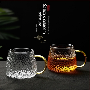 Čajna šalica od stakla s držalom, s teksturom udarnog kalanja, otporna na visoke temperature, jedna šalica s poklopcem