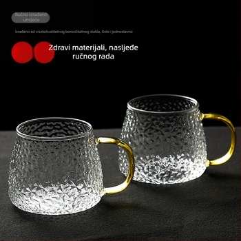 Čajna šalica od stakla s držalom, s teksturom udarnog kalanja, otporna na visoke temperature, jedna šalica s poklopcem