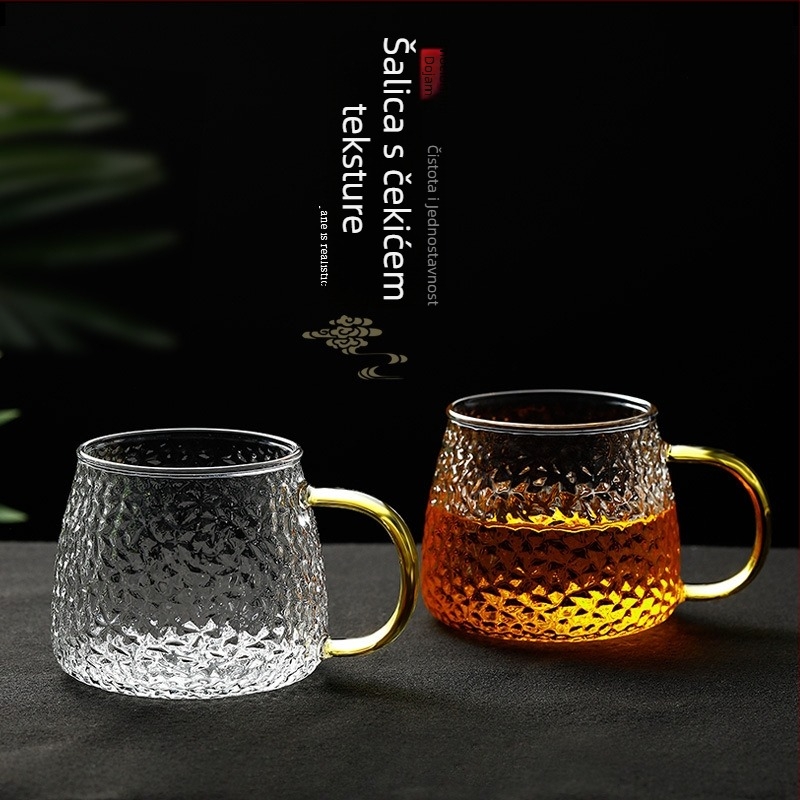 Čajna šalica od stakla s držalom, s teksturom udarnog kalanja, otporna na visoke temperature, jedna šalica s poklopcem