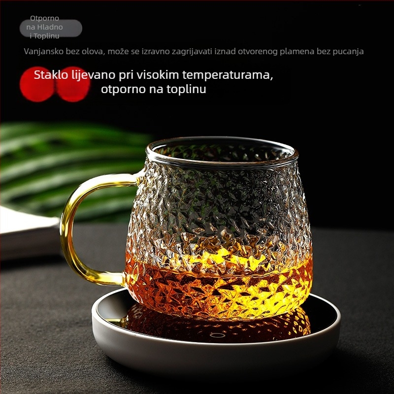 Čajna šalica od stakla s držalom, s teksturom udarnog kalanja, otporna na visoke temperature, jedna šalica s poklopcem