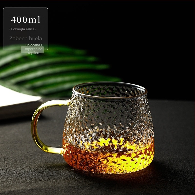 Čajna šalica od stakla s držalom, s teksturom udarnog kalanja, otporna na visoke temperature, jedna šalica s poklopcem