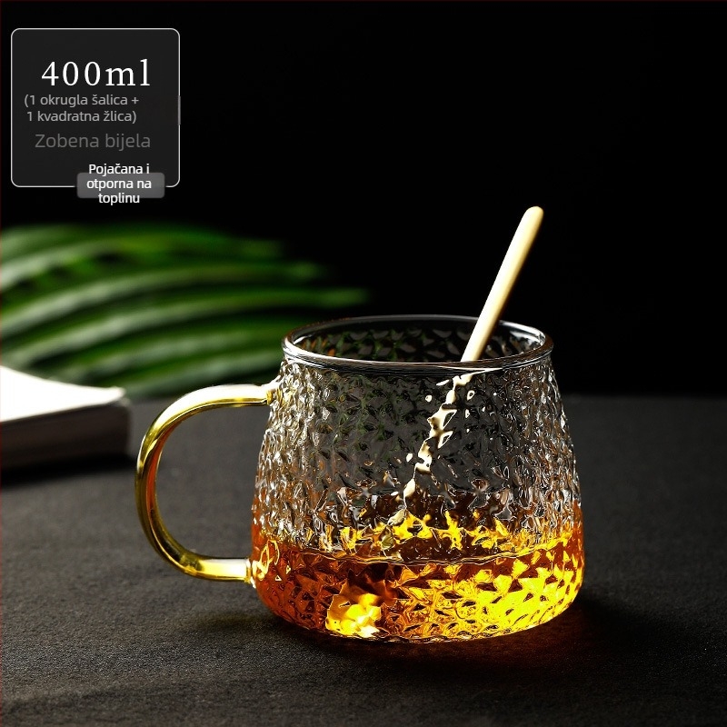 Čajna šalica od stakla s držalom, s teksturom udarnog kalanja, otporna na visoke temperature, jedna šalica s poklopcem