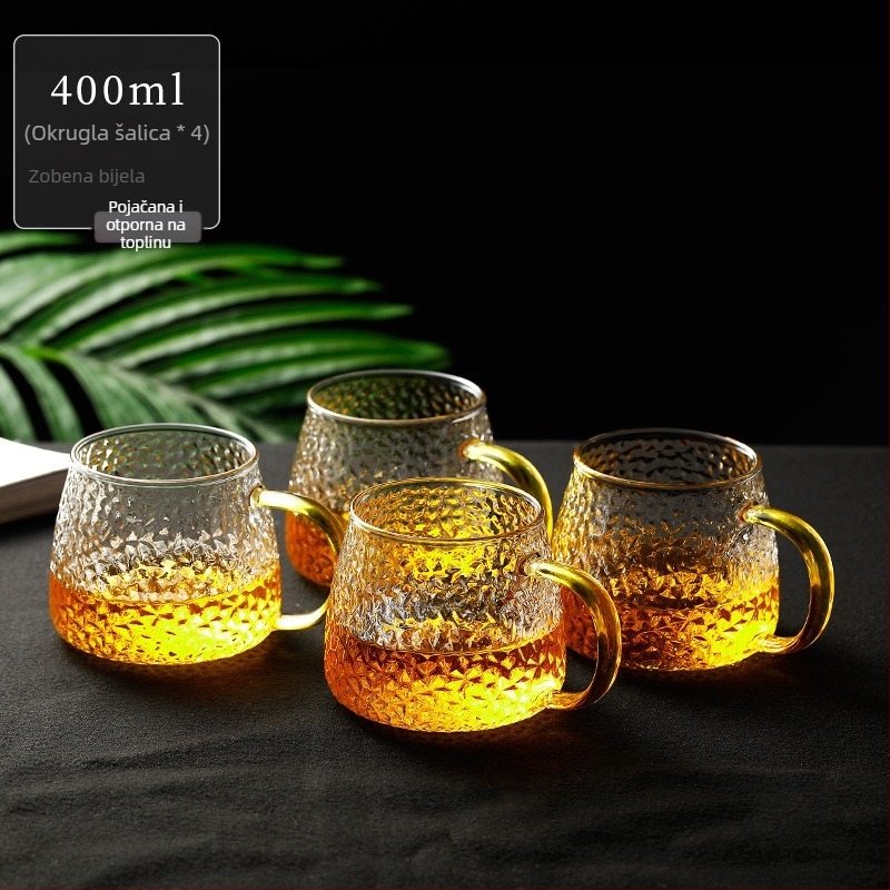 Čajna šalica od stakla s držalom, s teksturom udarnog kalanja, otporna na visoke temperature, jedna šalica s poklopcem