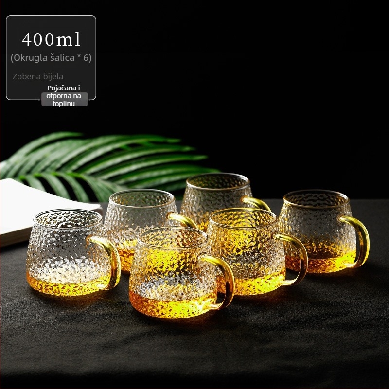 Čajna šalica od stakla s držalom, s teksturom udarnog kalanja, otporna na visoke temperature, jedna šalica s poklopcem