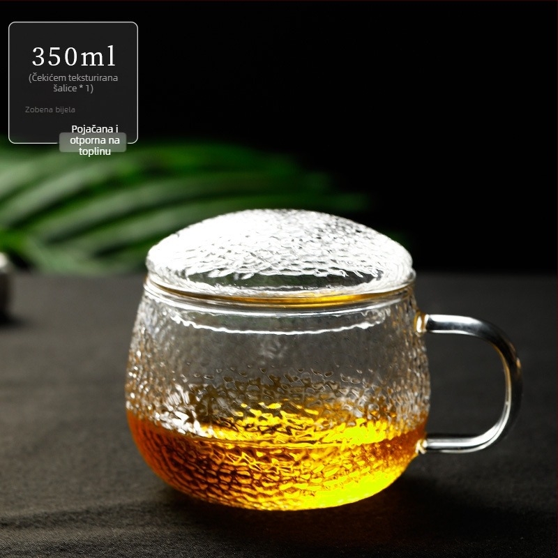 Čajna šalica od stakla s držalom, s teksturom udarnog kalanja, otporna na visoke temperature, jedna šalica s poklopcem
