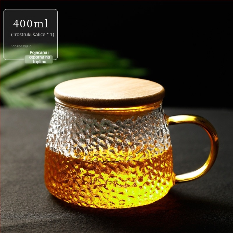Čajna šalica od stakla s držalom, s teksturom udarnog kalanja, otporna na visoke temperature, jedna šalica s poklopcem