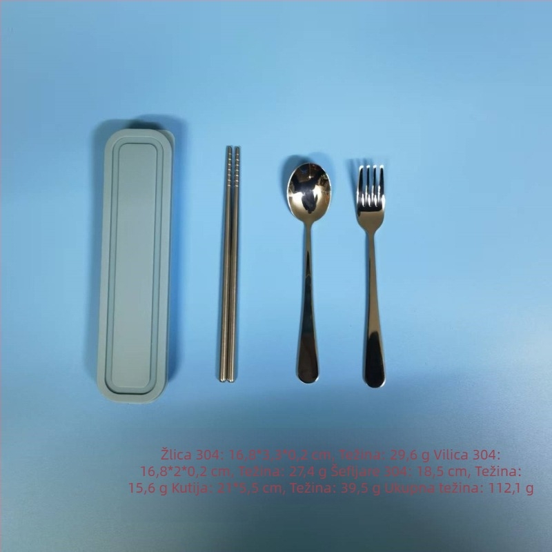 3-dijelni prijenosni set pribora od 304 nehrđajućeg čelika: vilica, žlica i štapići za jelo, ogledno-polirani završetak, minimalistički modern stil