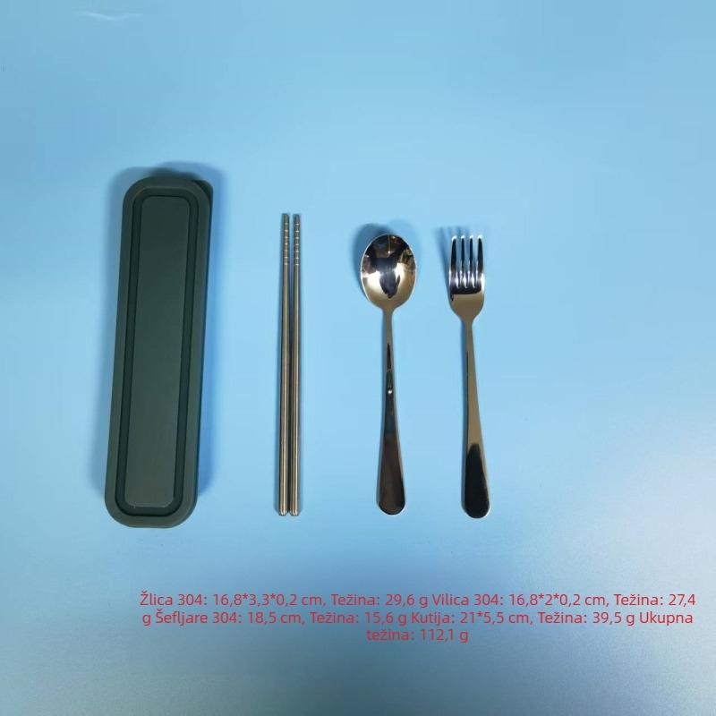 3-dijelni prijenosni set pribora od 304 nehrđajućeg čelika: vilica, žlica i štapići za jelo, ogledno-polirani završetak, minimalistički modern stil