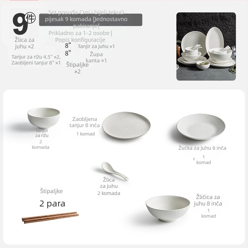 Porcelanski set posuđa s zdjelama, tanjurima i štapićima za jelo; jednostavan stil, okrugli oblik, jednofarbni uzorak; marka YOGEHOME