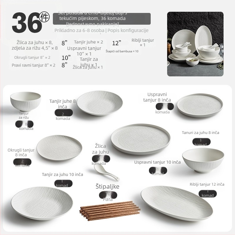 Porcelanski set posuđa s zdjelama, tanjurima i štapićima za jelo; jednostavan stil, okrugli oblik, jednofarbni uzorak; marka YOGEHOME