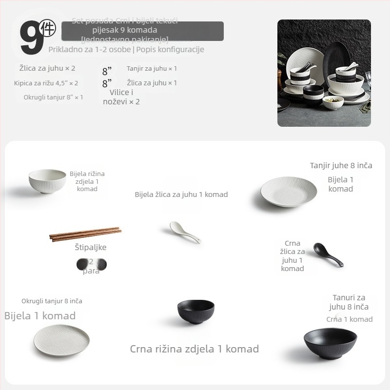 Porcelanski set posuđa s zdjelama, tanjurima i štapićima za jelo; jednostavan stil, okrugli oblik, jednofarbni uzorak; marka YOGEHOME