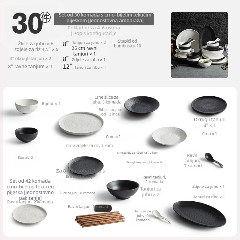 Porcelanski set posuđa s zdjelama, tanjurima i štapićima za jelo; jednostavan stil, okrugli oblik, jednofarbni uzorak; marka YOGEHOME