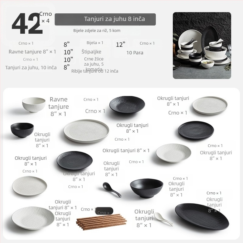 Porcelanski set posuđa s zdjelama, tanjurima i štapićima za jelo; jednostavan stil, okrugli oblik, jednofarbni uzorak; marka YOGEHOME