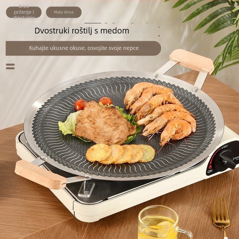 Nerđajući čelična kružna ploča za vanjsko korejsko BBQ, prijenosna, jednostavna za čišćenje, otporna na hrđu, neprijanjajuća, pogodna za plinski canister štednjak, kućno roštiljanje