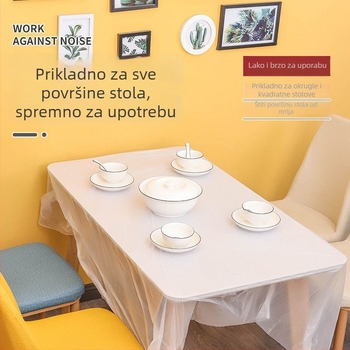 Jednokratni obrus od polietilena, deblji, za okrugle i pravokutne stolove; moderni minimalistički stil; nije biorazgradiv; pogodno za bankete, restorane i kućnu upotrebu.