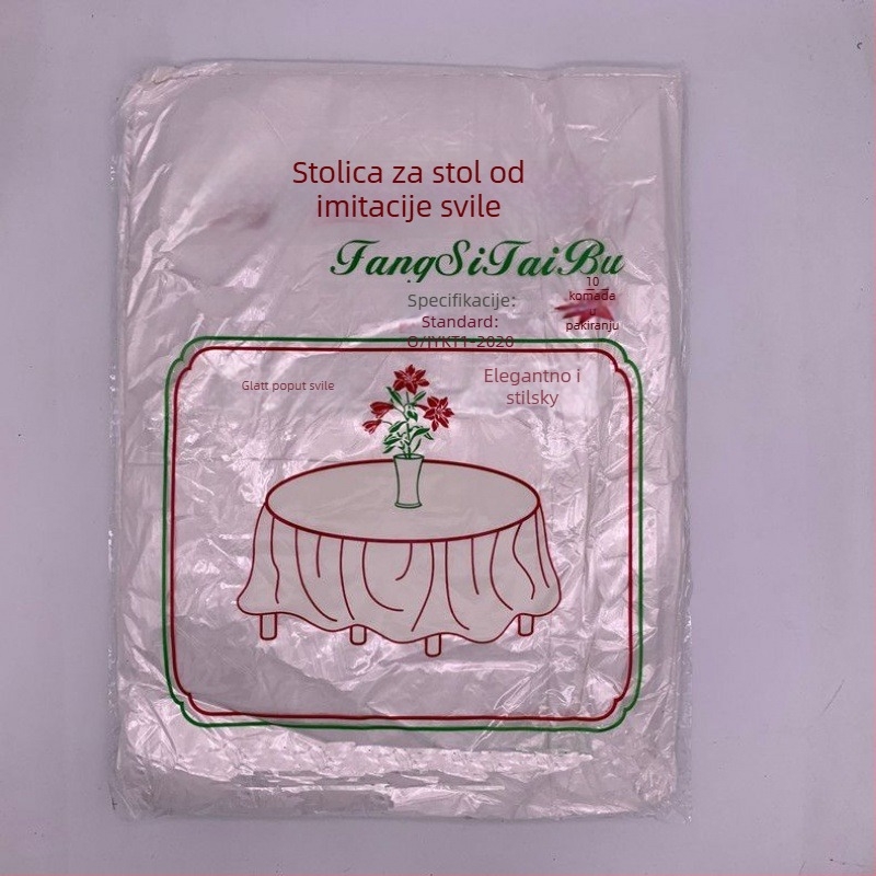 Jednokratni obrus od polietilena, deblji, za okrugle i pravokutne stolove; moderni minimalistički stil; nije biorazgradiv; pogodno za bankete, restorane i kućnu upotrebu.