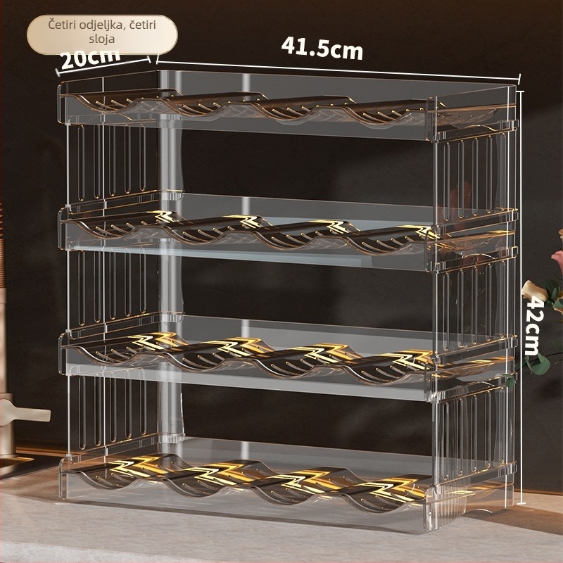 Sklopivi držač za čaše s višeslojni odvojiva vinska polica i prozirnim skladištem za čaše i boce, PET materijal, težina 700g/1100g/1500g, bez bušenja