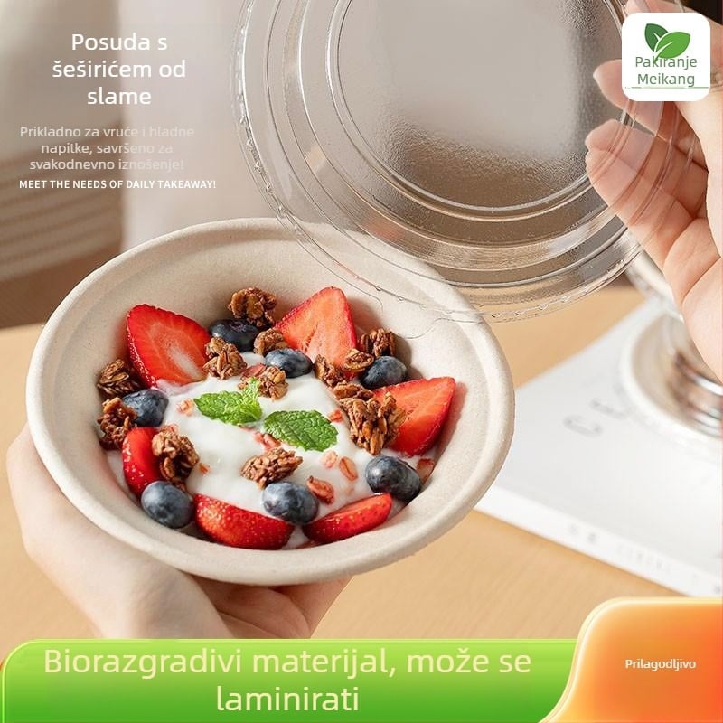 Jednokratna biorazgradiva zdjela od celuloze s oblikom šalice šešira od slame, zapremina 340–350 ml, debljina 1 mm, moguć ispis loga, prilagodba, pogodna za deserte, jogurt i voćne salate