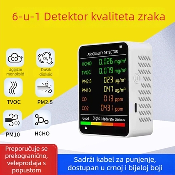 Prijenosni mjerni uređaj za kvalitetu zraka: CO, CO2, formaldehid, TVOC, PM2.5, PM10; raspon 400–5000 PPM; točnost 10 PPM; napajanje Type-C
