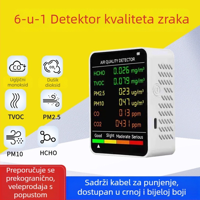 Prijenosni mjerni uređaj za kvalitetu zraka: CO, CO2, formaldehid, TVOC, PM2.5, PM10; raspon 400–5000 PPM; točnost 10 PPM; napajanje Type-C
