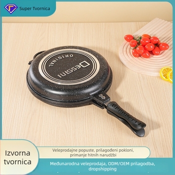 Okrugla aluminijska dvostruka tava s ravnim dnom - non-stick, bez dima; pogodna za prženje steakova; kompatibilna s indukcijskim, plinskim i običnim štednjacima; aluminijski poklopac.