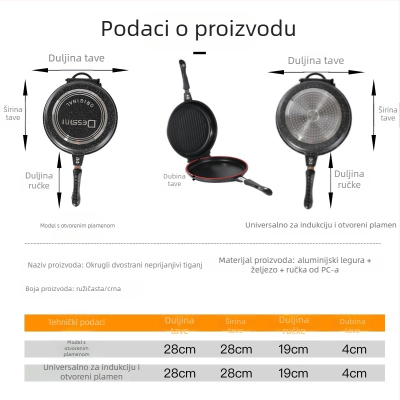 Okrugla aluminijska dvostruka tava s ravnim dnom - non-stick, bez dima; pogodna za prženje steakova; kompatibilna s indukcijskim, plinskim i običnim štednjacima; aluminijski poklopac.