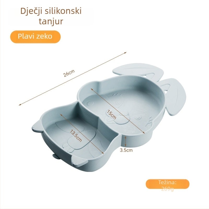 Set dječjih posuđa s tanjurićem i usisnim držačem te priborom od nehrđajućeg čelika – crtani stil, 4 dijela (Dob: 12 mjeseci+; Odjeljci za mlijeko: 2; Materijal: nehrđajući čelik)