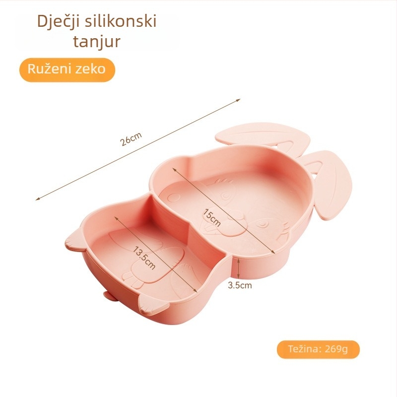 Set dječjih posuđa s tanjurićem i usisnim držačem te priborom od nehrđajućeg čelika – crtani stil, 4 dijela (Dob: 12 mjeseci+; Odjeljci za mlijeko: 2; Materijal: nehrđajući čelik)