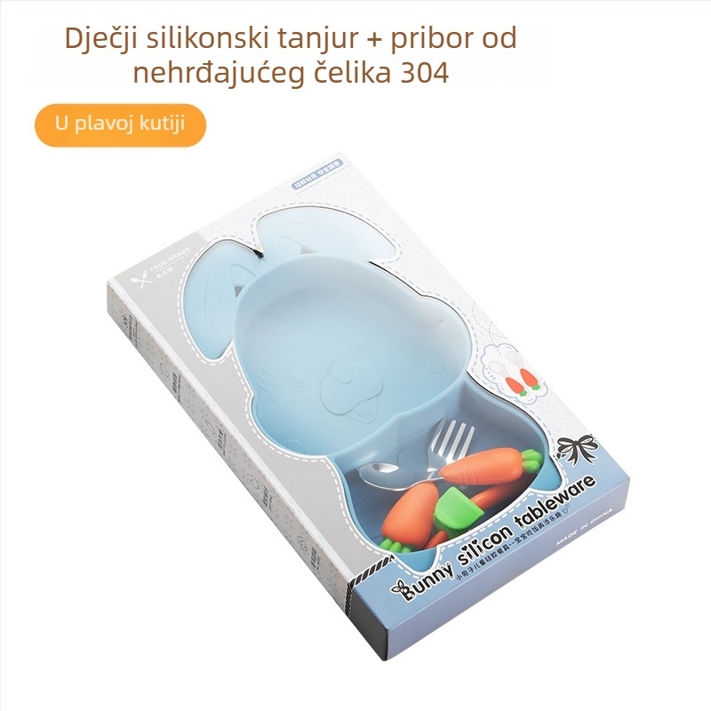 Set dječjih posuđa s tanjurićem i usisnim držačem te priborom od nehrđajućeg čelika – crtani stil, 4 dijela (Dob: 12 mjeseci+; Odjeljci za mlijeko: 2; Materijal: nehrđajući čelik)