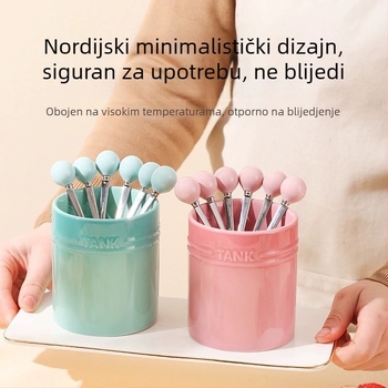 Kompaktni set keramičkih vilica za voće s osnovom i spremnikom za pohranu, modernog jednostavnog stila, LUPALUPA, mogućnost prilagodbe obrade, otisnut logotip.