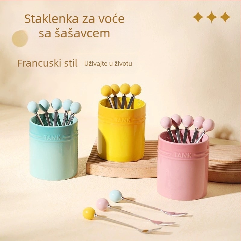 Kompaktni set keramičkih vilica za voće s osnovom i spremnikom za pohranu, modernog jednostavnog stila, LUPALUPA, mogućnost prilagodbe obrade, otisnut logotip.