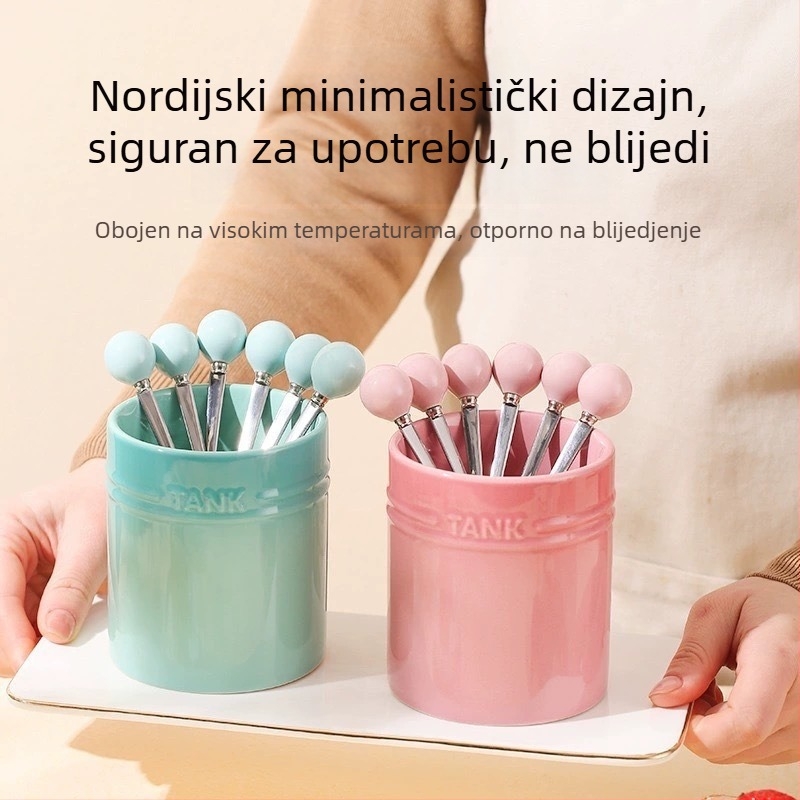 Kompaktni set keramičkih vilica za voće s osnovom i spremnikom za pohranu, modernog jednostavnog stila, LUPALUPA, mogućnost prilagodbe obrade, otisnut logotip.