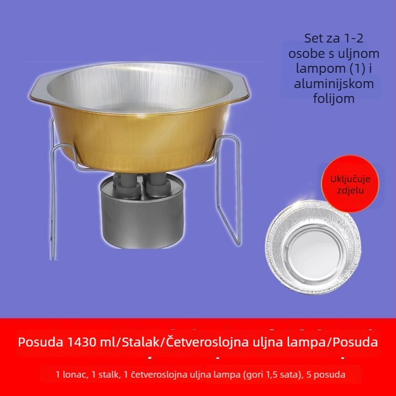 Jednokratni set za vruće jelo s aluminijskim stalkom — za dom i kampiranje; nije pogodan za mikrovalnu pećnicu; otisak logotipa; Licenca Yue XK16-204-01508