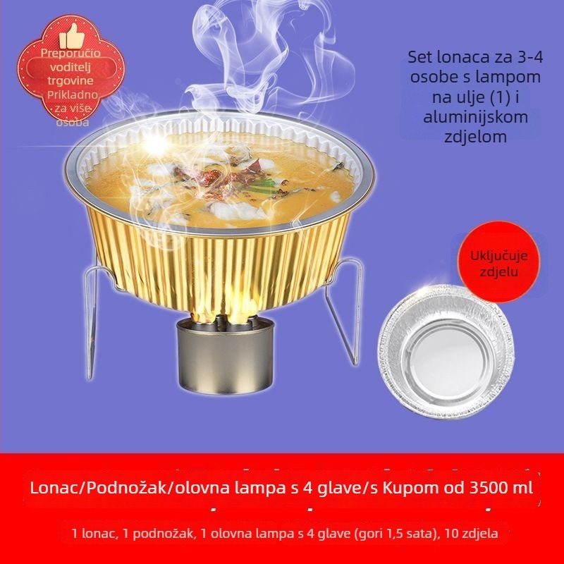 Jednokratni set za vruće jelo s aluminijskim stalkom — za dom i kampiranje; nije pogodan za mikrovalnu pećnicu; otisak logotipa; Licenca Yue XK16-204-01508