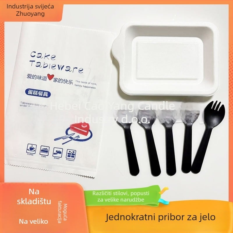 Jednokratni set noža, vilice i tanjura za tortu — plast, biološki razgradljivo, pravokutnog oblika, otisnut logotip, prilagodljiv