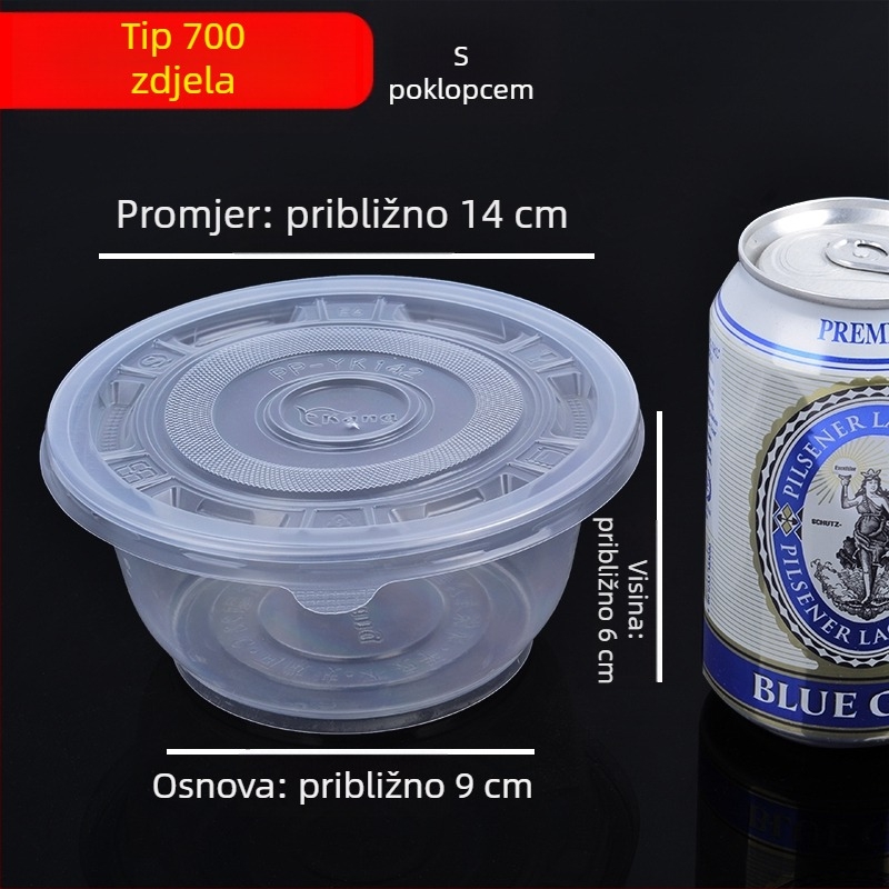 Plastične jednokratne okrugle zdjele za juhu s poklopcem, za dostavu i svadbene proslave, kućnu uporabu | kutija 20–50 komada | Nije biorazgradivo | Mogućnost prilagođene obrade